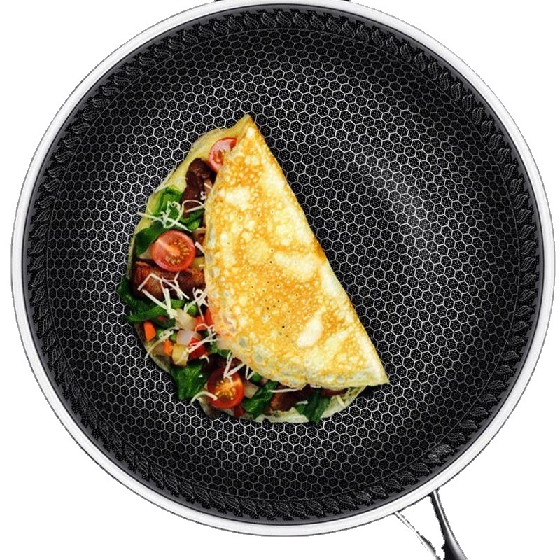 Stainless Steel Wok Pan With Full Honeycomb Nonstick Coating Triply Induction fry pan with glass upright lid cover