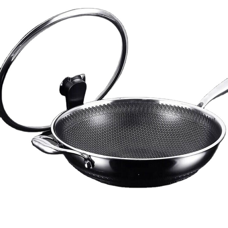 Stainless Steel Wok Pan With Full Honeycomb Nonstick Coating Triply Induction fry pan with glass upright lid cover