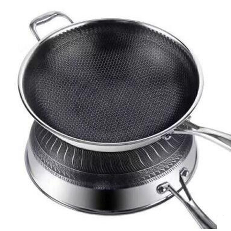 Stainless Steel Wok Pan With Full Honeycomb Nonstick Coating Triply Induction fry pan with glass upright lid cover