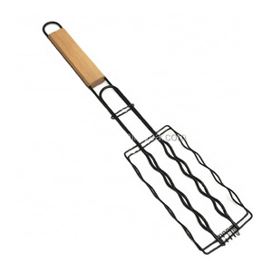 Non stick steel wire BBQ sausage turner grill basket with wood handle for hot dog