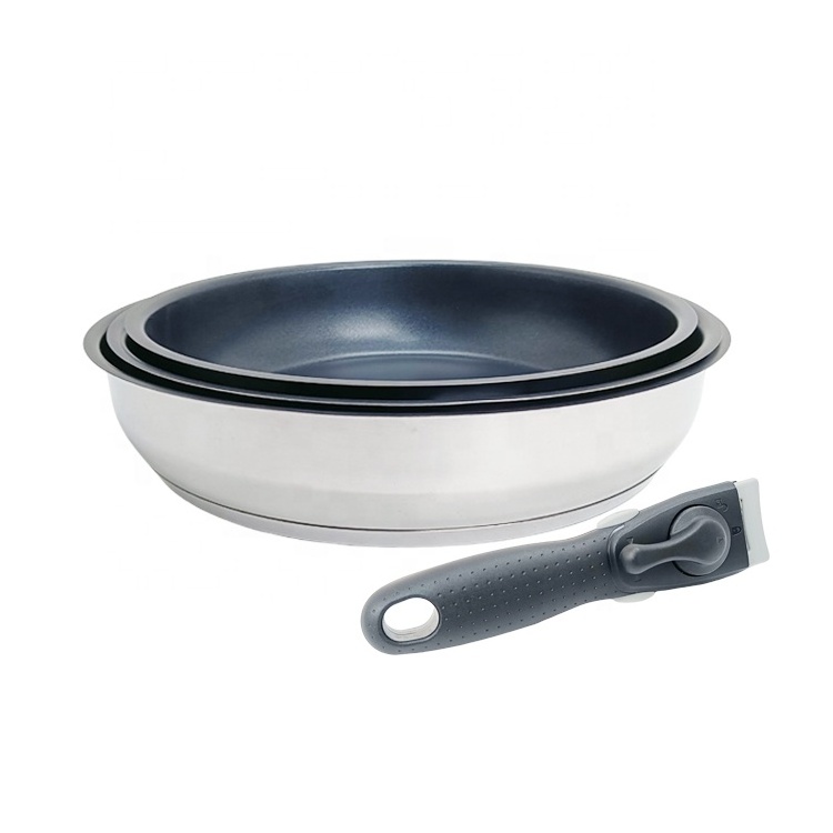 Non Stick Stainless Steel Cookware Set Round Frying Pan Pot with Removable Handle Detachable Handle 24/26/28cm