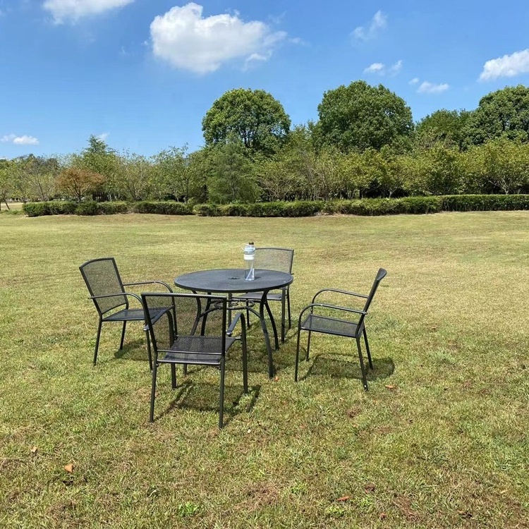 Outdoor Garden Table Patio Dining Round Side Table Coffee Table Furniture with Umbrella Hole Metal BlacK