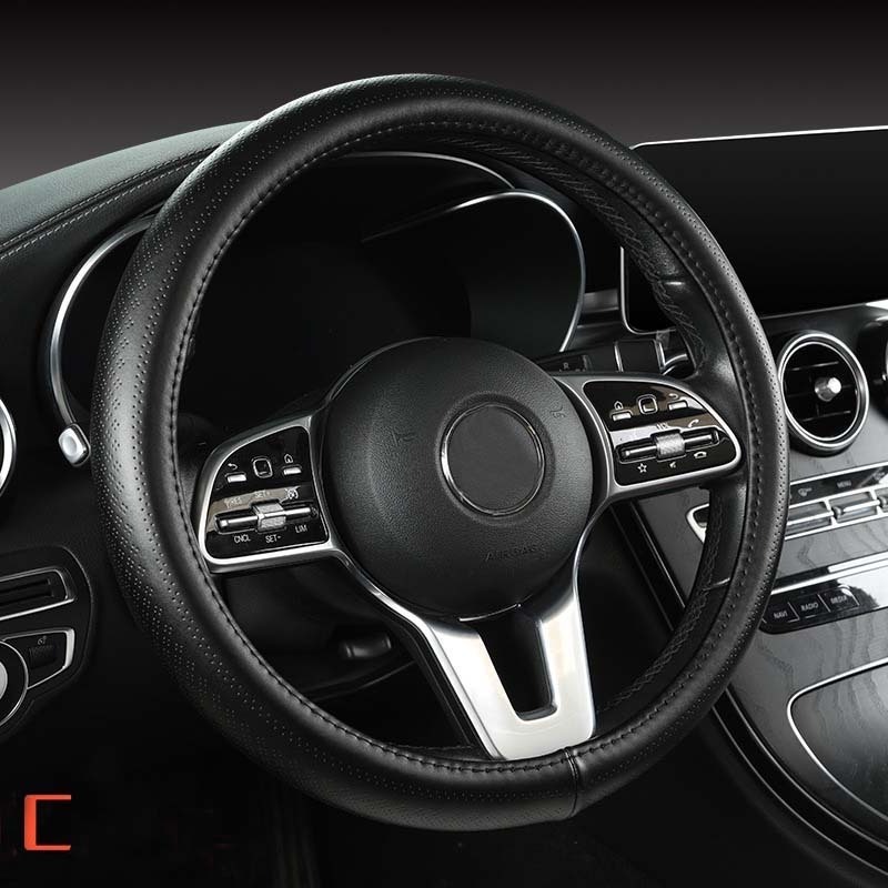 High Quality Cowhide Steering Wheel Cover Wear-Resistant Delicate Skin-Friendly Breathable Fresh Moisture-Absorbing Black Series