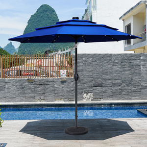 Outdoor garden patio parasol LED solar panel light market hotel three layers fabric Luxury pillar umbrella