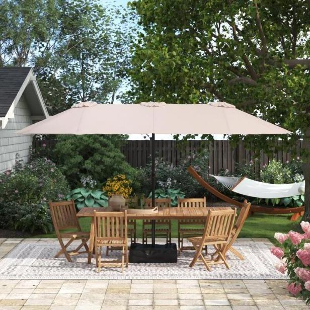 Large 15 Ft Double-Sided, Steel Twin Outdoor Sunshade Parasol Big Size Commercial Solar Led Lighted Garden Patio Umbrellas