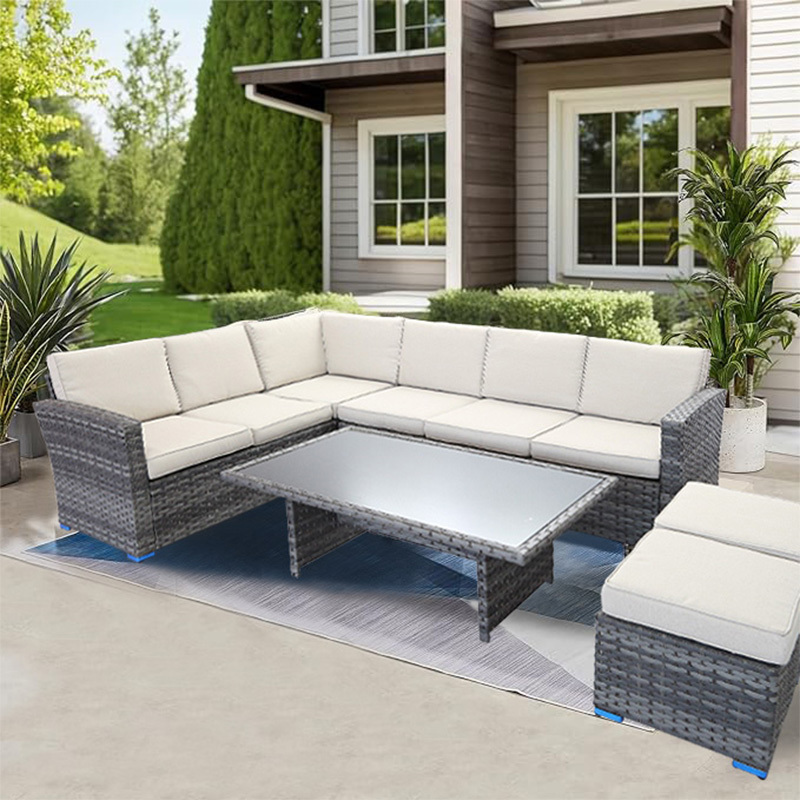 Outdoor Rattan 5 Piece L Shape Sectional Deep Seating Garden Sofa Sets Wide Sheet Rattan Outdoor Furniture Rattan Patio Sofa