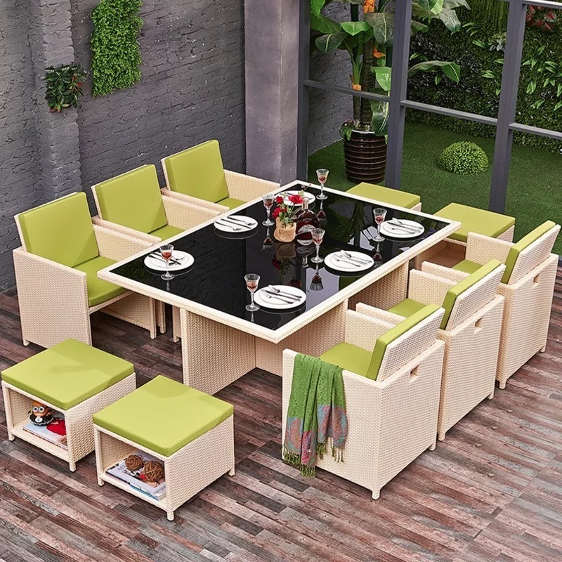 Hot cheap 8 seaters outside garden Patio rattan dining table and chairs sets Casual Outdoor Furniture