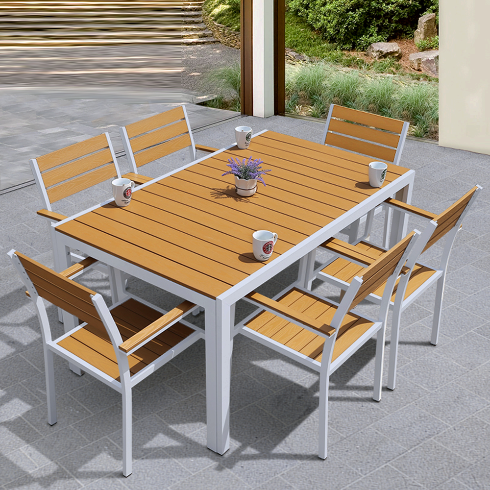 6 seater plastic wood outdoor furniture tables and chairs set for cafes and restaurants outdoor table and chairs in garden sets