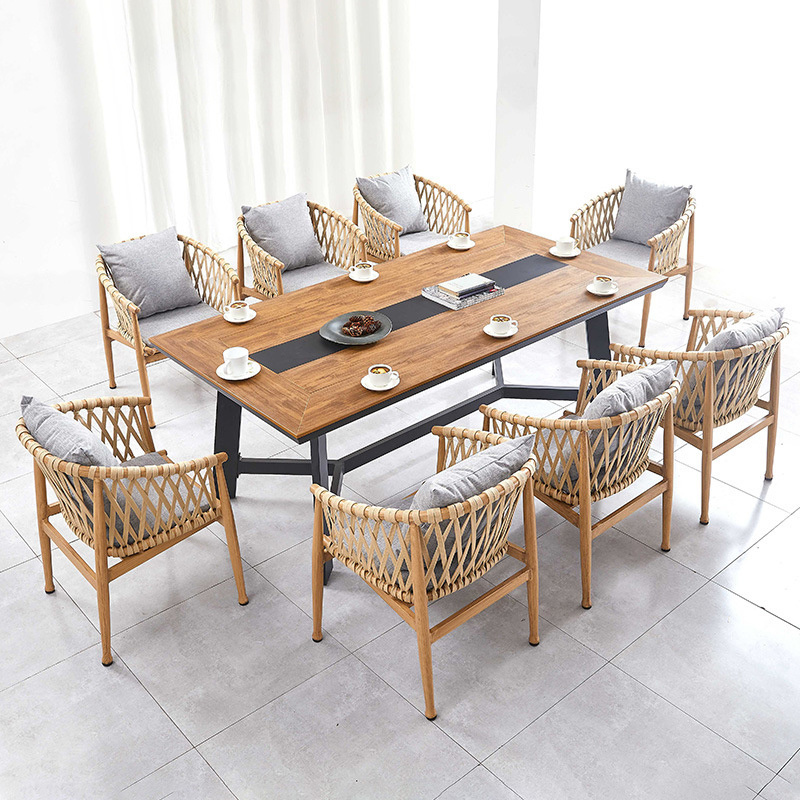 Dining Restaurants garden furniture sets woven big aluminium table and 8 pcs Champagne rope chair