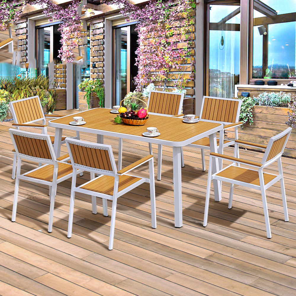 6 seater plastic wood outdoor furniture tables and chairs set for cafes and restaurants outdoor table and chairs in garden sets