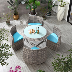 Outdoor PE plastic round gray space saving furniture garden rattan table and chairs sets