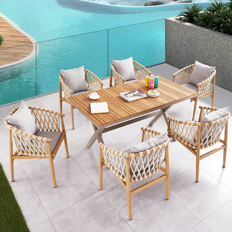 Dining Restaurants garden furniture sets woven big aluminium table and 8 pcs Champagne rope chair