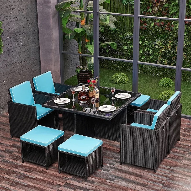 Hot cheap 8 seaters outside garden Patio rattan dining table and chairs sets Casual Outdoor Furniture