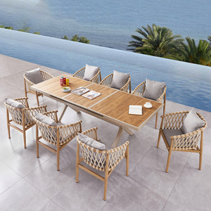 Dining Restaurants garden furniture sets woven big aluminium table and 8 pcs Champagne rope chair