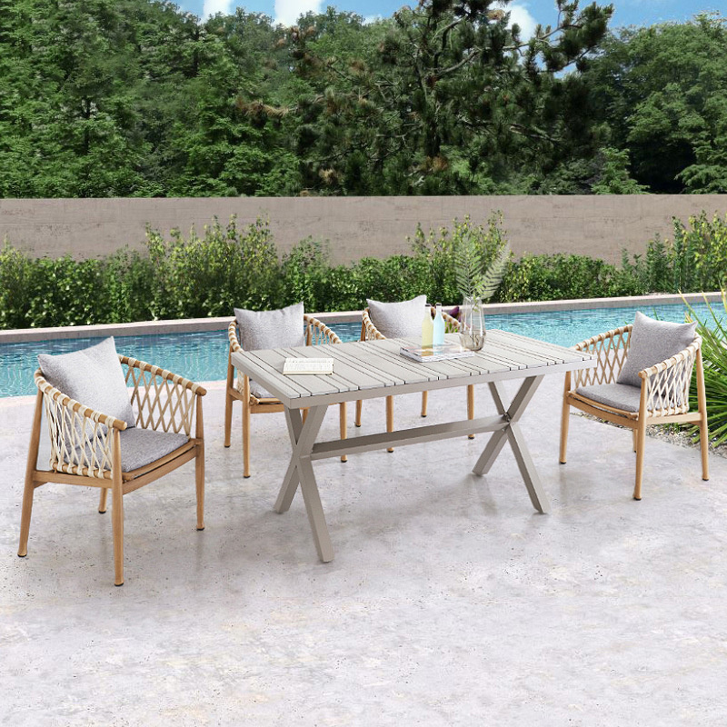 Dining Restaurants garden furniture sets woven big aluminium table and 8 pcs Champagne rope chair