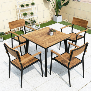 Fashionable teak wood colors outdoor furniture dining 9 pcs Plastic wood stacked tables and chairs garden sets