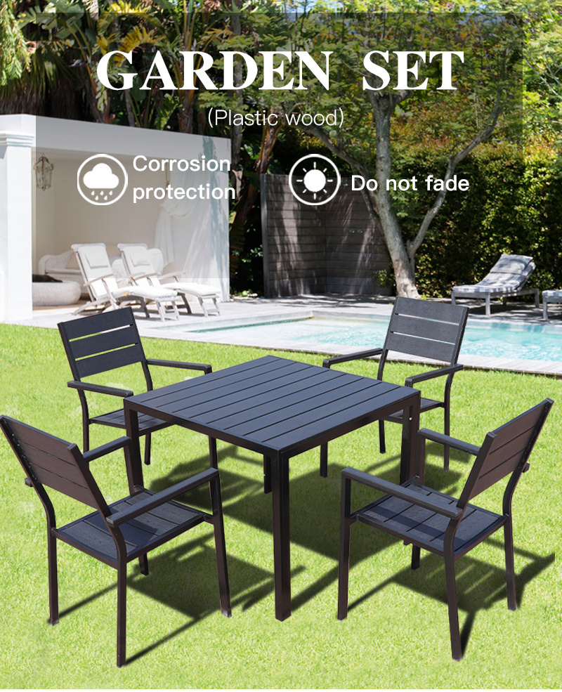 Black 5Pcs Aluminum Plastic Wood Dining Sets Leisure Square Patio Outdoor Furniture Table And Chairs Garden sets