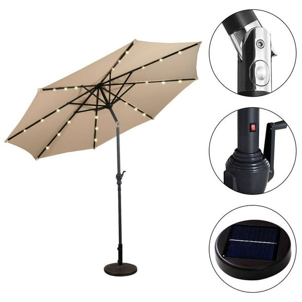 Cheap China Factory Customized Size Outdoor Taupe Umbrella Solar panels Manufacturers  Garden Parasol  with flash light