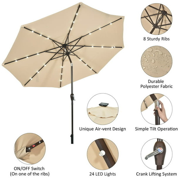 Cheap China Factory Customized Size Outdoor Taupe Umbrella Solar panels Manufacturers  Garden Parasol  with flash light