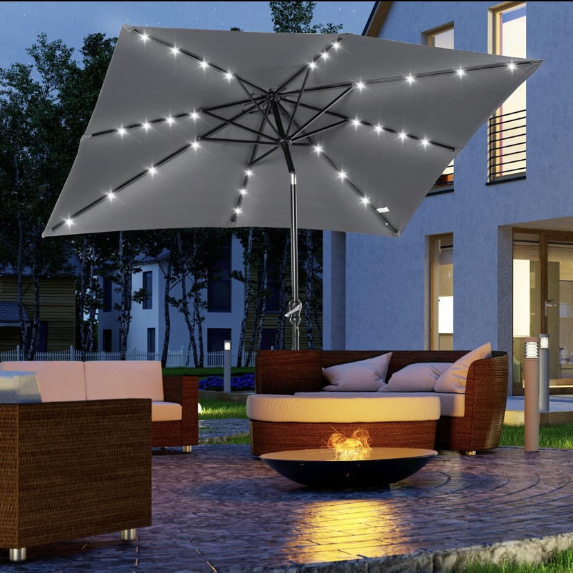 9x9Ft LED Light Patio Umbrella USB Port Solar Power Crank  garden parasol umbrella patio Dark Gray