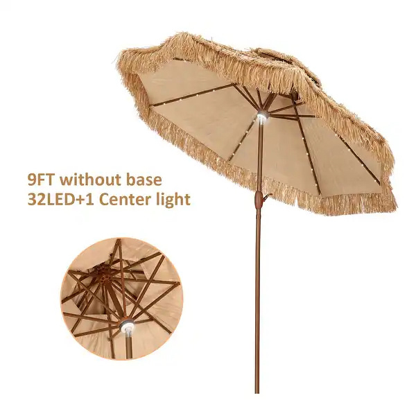 9 FT Solar Powered Roof Thatched Tiki Patio Umbrella Sunshade HAWAII Waterproof Straw Umbrella