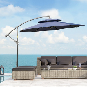 9FT Cantilever Banana patio umbrellas & bases Garden Umbrella w/ 2 Tier Canopy, blue