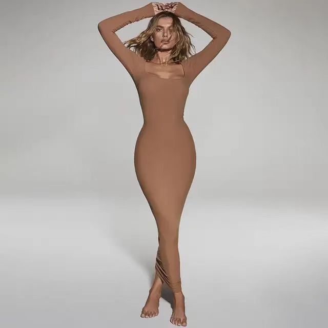 Super Soft Skims Long Sleeve Lounge Dress Ladies Bodycon Maxi Dress Casual Custom Logo Skims Slip Dress For Women 2023