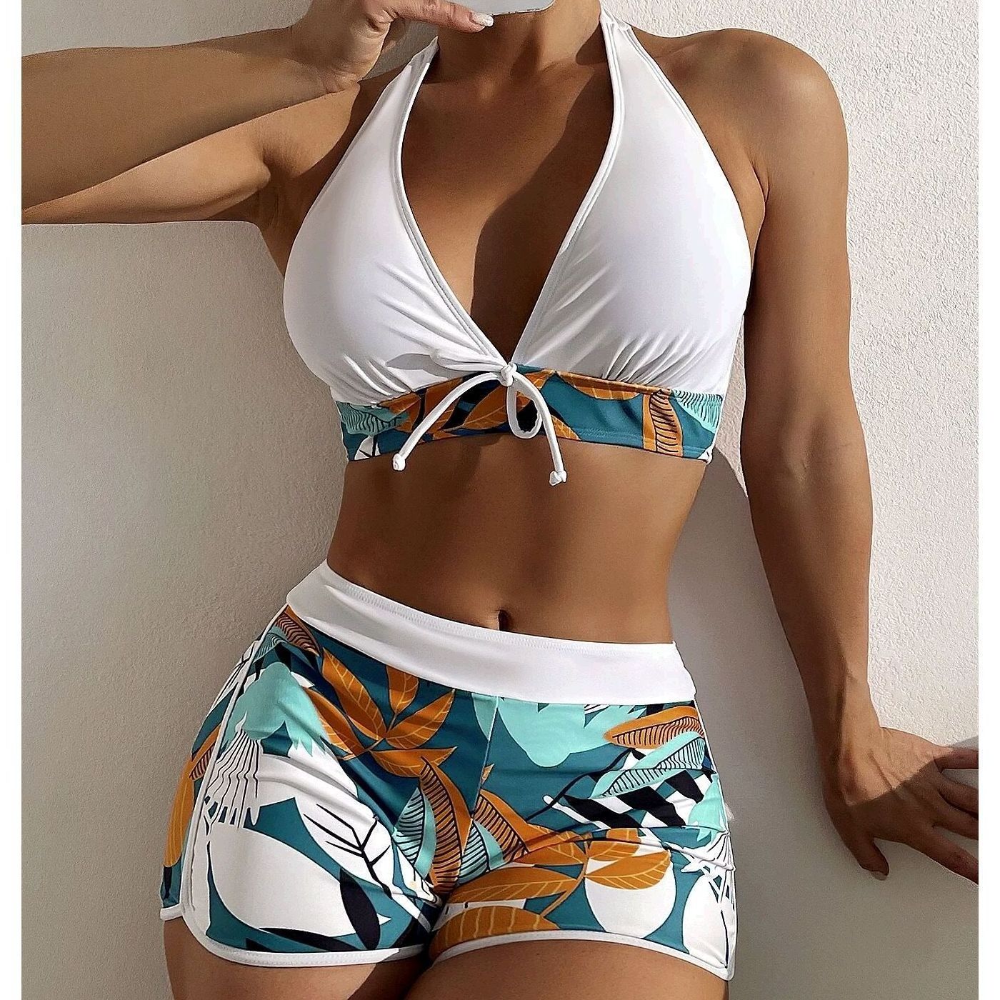 Wholesale Micro Sports Bikini 2-piece Set Sports Bra Boxer Shorts Classic Printed Beachwear Women Sexy Swimsuit