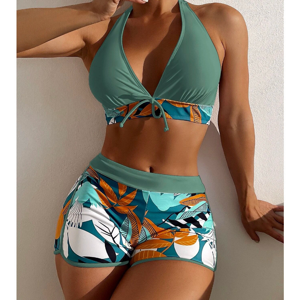 Wholesale Micro Sports Bikini 2-piece Set Sports Bra Boxer Shorts Classic Printed Beachwear Women Sexy Swimsuit