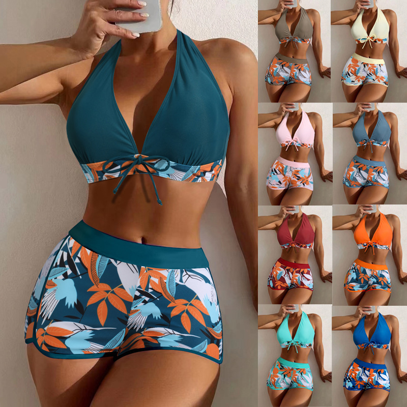 Wholesale Micro Sports Bikini 2-piece Set Sports Bra Boxer Shorts Classic Printed Beachwear Women Sexy Swimsuit