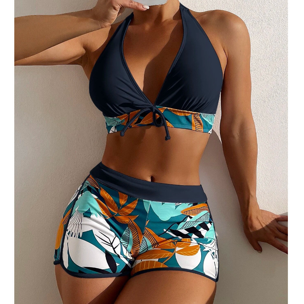 Wholesale Micro Sports Bikini 2-piece Set Sports Bra Boxer Shorts Classic Printed Beachwear Women Sexy Swimsuit