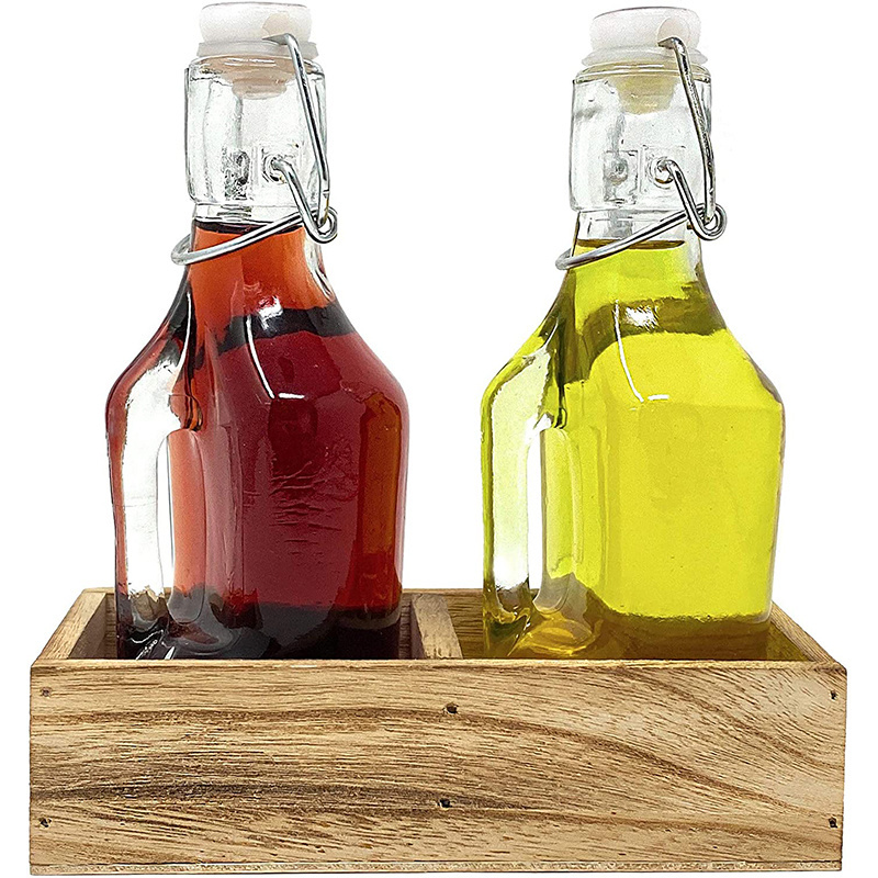 6.72ounce (200ml) Oil and Vinegar Dispenser Set Cruet Glass Bottles with Swing Top and Wood Caddy