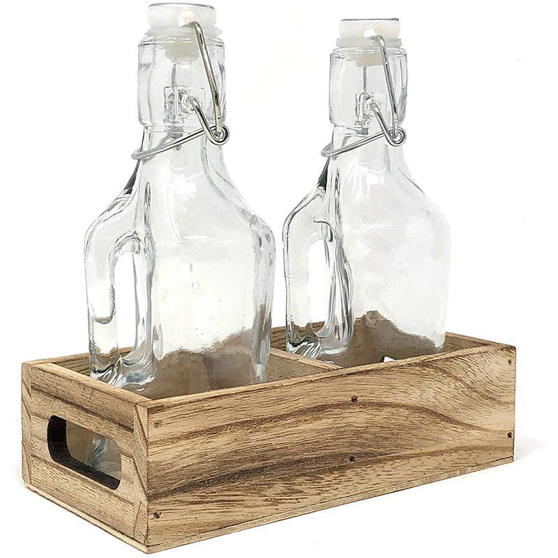 6.72ounce (200ml) Oil and Vinegar Dispenser Set Cruet Glass Bottles with Swing Top and Wood Caddy