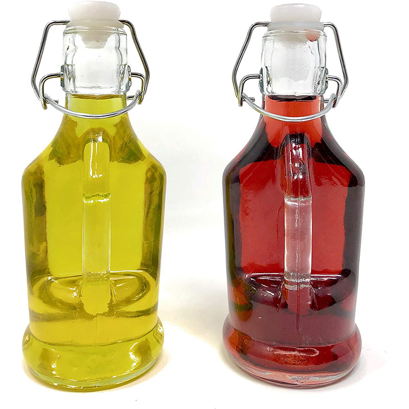 6.72ounce (200ml) Oil and Vinegar Dispenser Set Cruet Glass Bottles with Swing Top and Wood Caddy