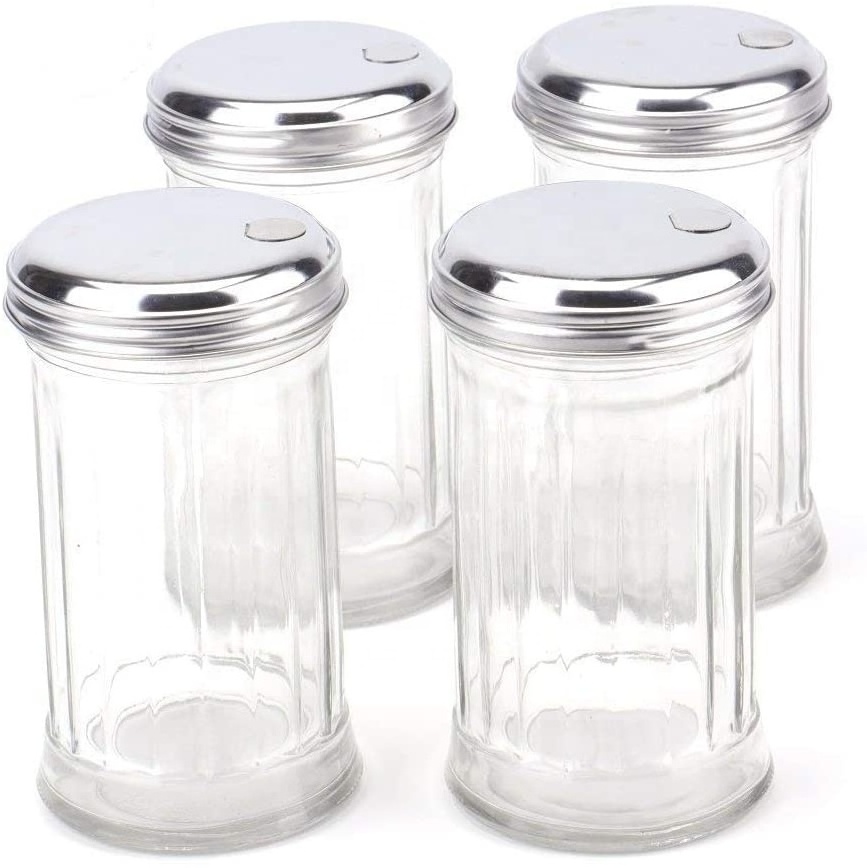 Manufacturer high quality Glass Sugar Dispenser pourer shaker Glass Base Rustproof stainless Steel Lid kitchen canister