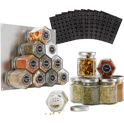 16 Pack 3oz Magnetic Spice Jar Hexagon Glass Bottle with Shaker Lids + Labels + 1 Chalk Mark Pen + 1 Stainless Plate