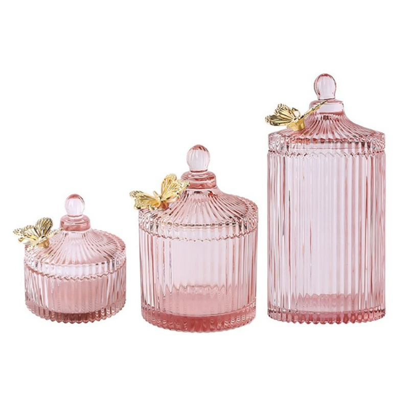 Hot sale pink fancy custom vertical glass candy jar candle container glass storage jar for decoration