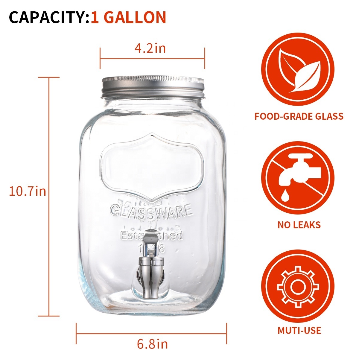 1 Gallon Clear Mason Jar With Lids, Airtight Glass dispenser With Stainless Water tap and Ice Cylinder Perfect for Beer, Juice