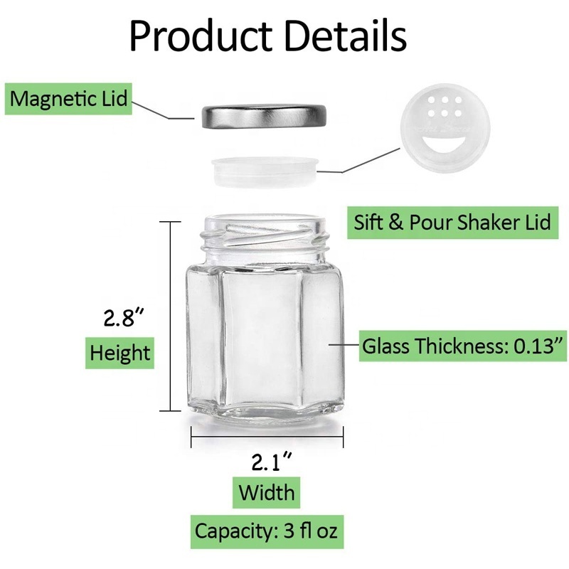 16 Pack 3oz Magnetic Spice Jar Hexagon Glass Bottle with Shaker Lids + Labels + 1 Chalk Mark Pen + 1 Stainless Plate