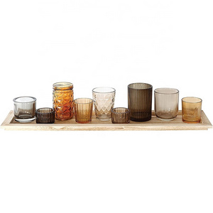 Tealight Candle Holders Glass Votive Holder Set from Brown to Orange with Wooden Tray