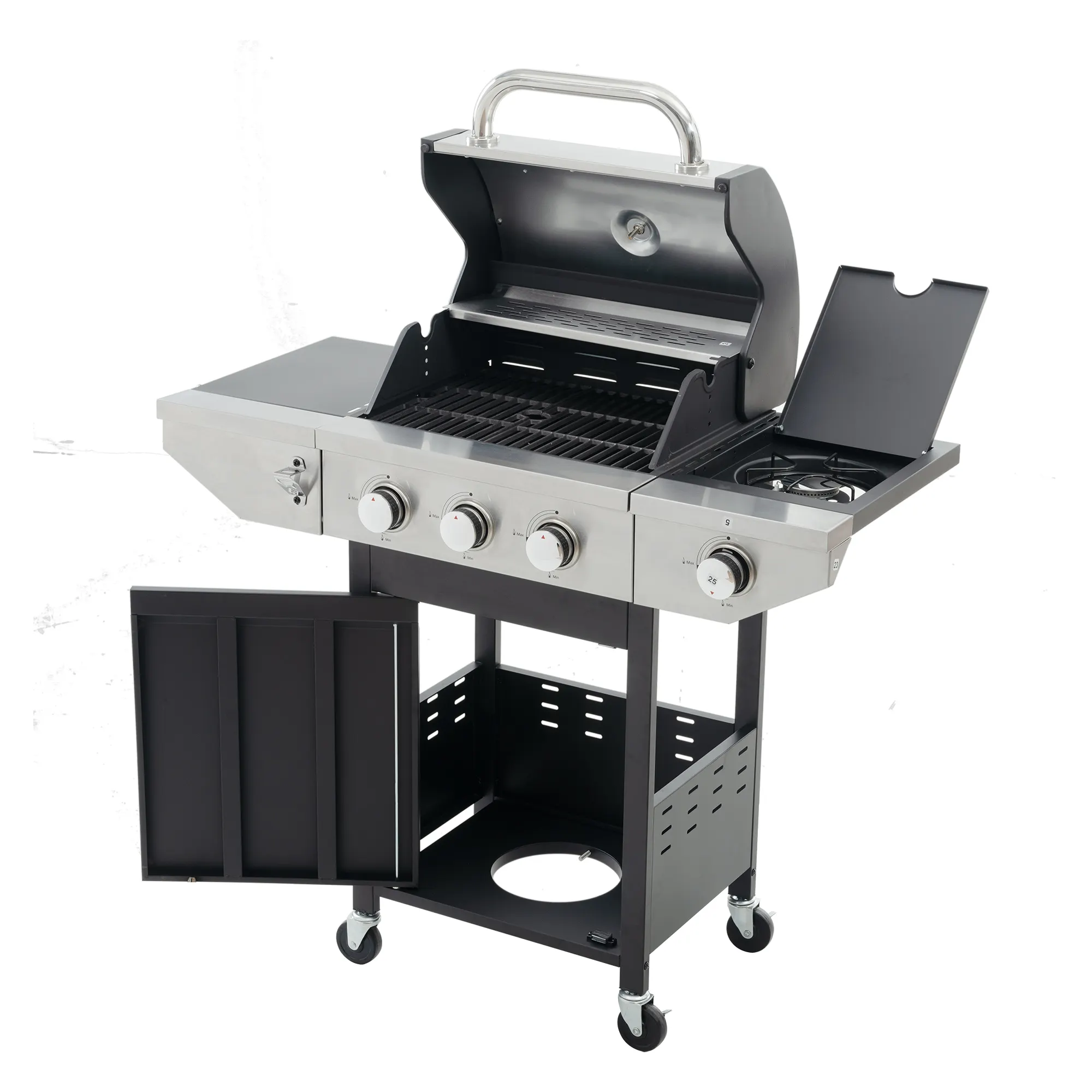 2024 New factory direct aluminium stainless steel black large barbecue grill with wheels Camping bbq gas grills