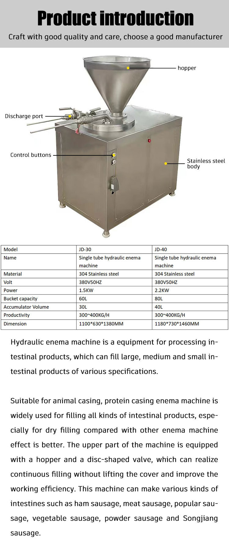 Stainless Steel Automatic Electric Enema Machine/ Vacuum Sausage Filler Stuffer/ Hydraulic Sausage Filler