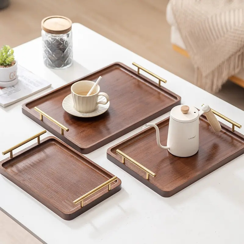 Custom Design and Finishing Available Rectangular Wooden Serving Tray with Stainless Steel Handle