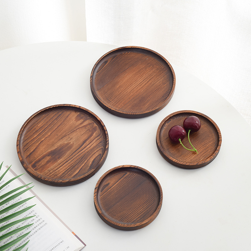 Natural wood Color OEM Laser Engraved High Quality Dish Tray Multi Functional Durable Leaf Round Bamboo wooden Tray