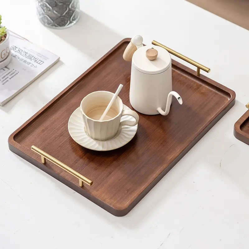 Custom Design and Finishing Available Rectangular Wooden Serving Tray with Stainless Steel Handle