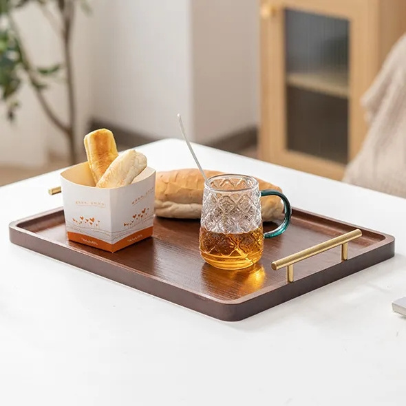 Custom Design and Finishing Available Rectangular Wooden Serving Tray with Stainless Steel Handle