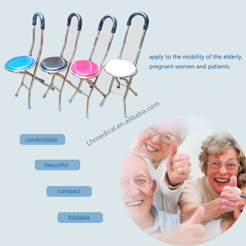 Portable foldable elderly walking stick with seat or chair crutch stool for outdoor