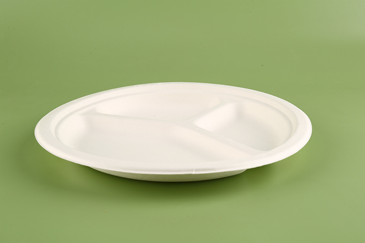 Ecopack 3 Compartment Bagasse Plate Sugarcane Round Paper Plates 10 Inch Bagasse Food Trays