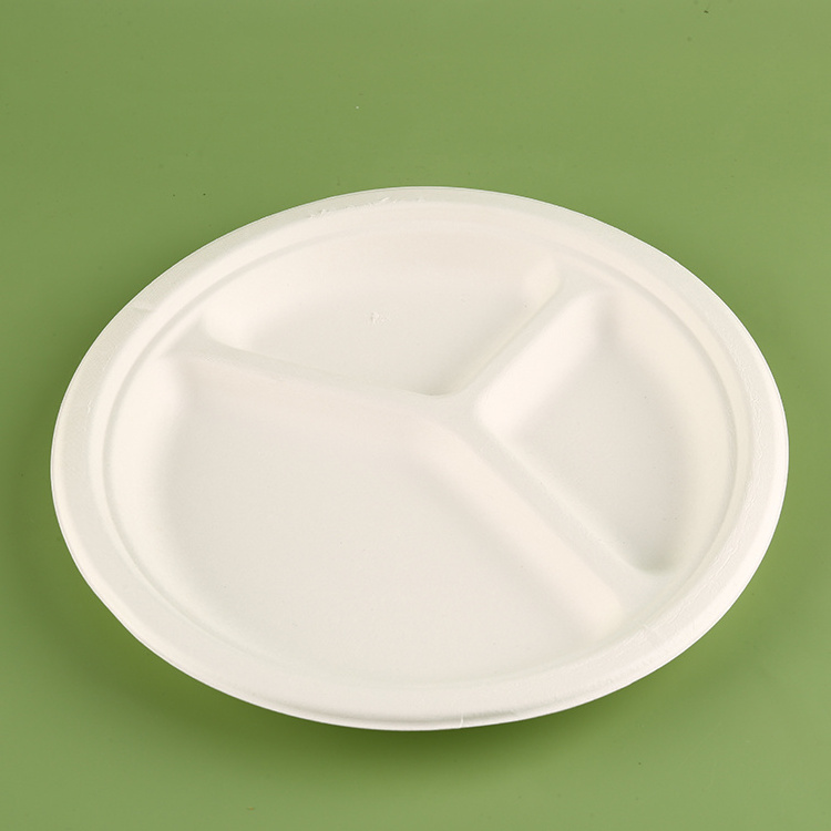 Ecopack 3 Compartment Bagasse Plate Sugarcane Round Paper Plates 10 Inch Bagasse Food Trays