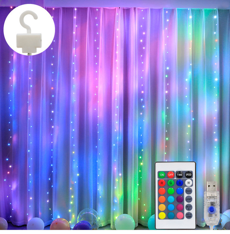 Color Changing 3x3m 300 LED Waterproof Remote Control Fairy String Lights Window LED RGB Copper Wire Curtain Light for Bedroom